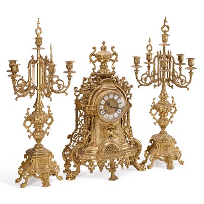 Lot 623 - A LARGE PERIOD STYLE BRASS CLOCK GARNITURE