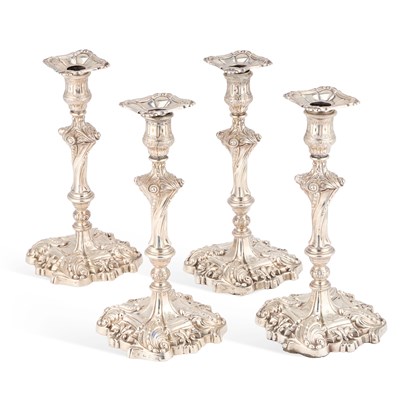 Lot 331 - REGIMENTAL INTEREST, A SET OF FOUR LARGE VICTORIAN SILVER CANDLESTICKS