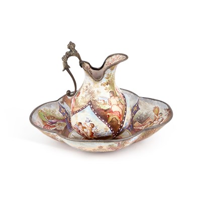 Lot 512 - A LATE 19TH CENTURY VIENNESE ENAMEL JUG AND DISH