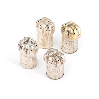 Lot 327 - A SET OF FOUR VICTORIAN SILVER NOVELTY PEPPER POTS