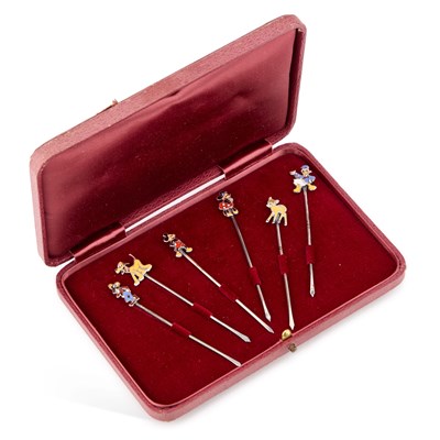 Lot 232 - A RARE SET OF SIX SILVER AND ENAMEL NOVELTY COCKTAIL STICKS