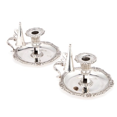 Lot 365 - A PAIR OF GEORGE III SILVER CHAMBERSTICKS