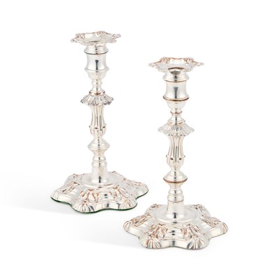 Lot 105 - A PAIR OF OLD SHEFFIELD PLATE CANDLESTICKS