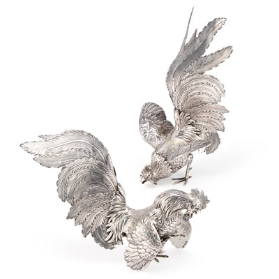 Lot 161 - A FINE PAIR OF CONTINENTAL SILVER MODELS OF COCKERELS
