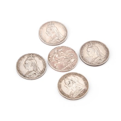 Lot 176 - A COLLECTION OF FIVE VICTORIAN SILVER COINS
