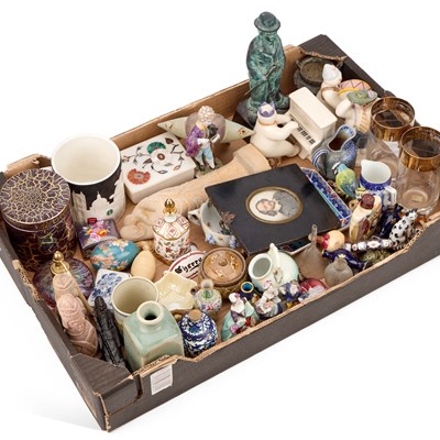 Lot 80 - TWO BOXES OF CHINA, GLASS, PORTRAIT MINIATURE OF SHAKESPEARE, ETC.