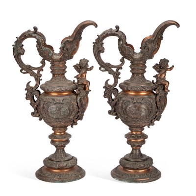 Lot 528 - A LARGE PAIR OF 19TH CENTURY RENAISSANCE REVIVAL PATINATED METAL EWERS