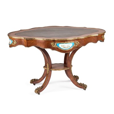 Lot 657 - A LOUIS XV STYLE GILT-METAL MOUNTED AND PORCELAIN-MOUNTED WRITING TABLE