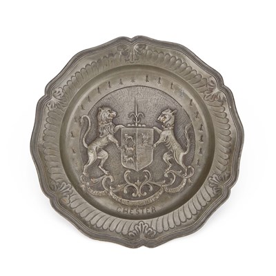 Lot 110 - A PEWTER HERALDIC DISH