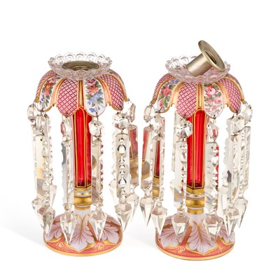 Lot 11 - A PAIR OF 19TH CENTURY BOHEMIAN RUBY AND OPAQUE GLASS TABLE LUSTRES