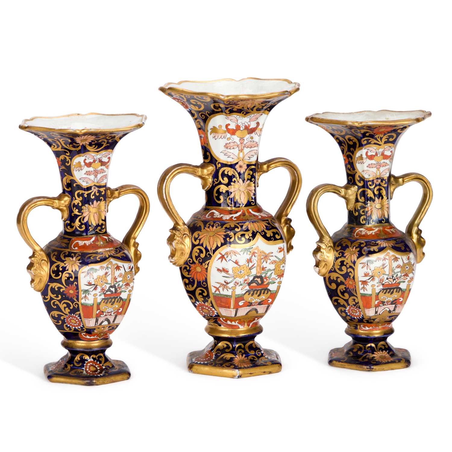 Lot A GARNITURE OF THREE MASON’S IRONSTONE VASES