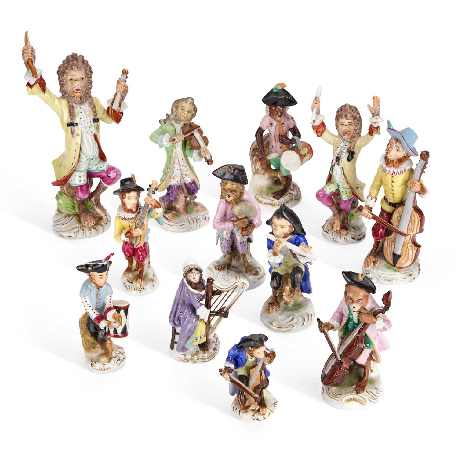 Lot A COLLECTION OF TWELVE GERMAN PORCELAIN MONKEY BAND FIGURES