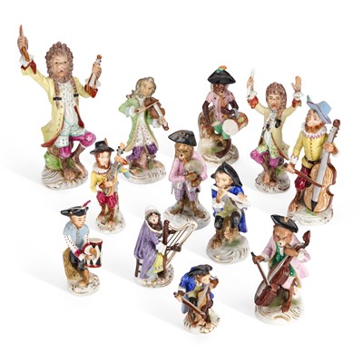 Lot A COLLECTION OF TWELVE GERMAN PORCELAIN MONKEY BAND FIGURES