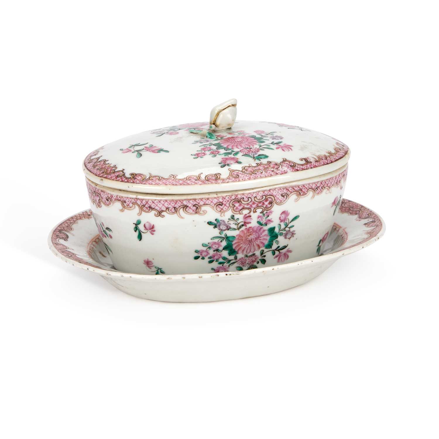 Lot A CHINESE FAMILLE ROSE PORCELAIN BUTTER TUB, STAND AND COVER