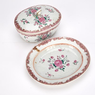 Lot A CHINESE FAMILLE ROSE PORCELAIN BUTTER TUB, STAND AND COVER