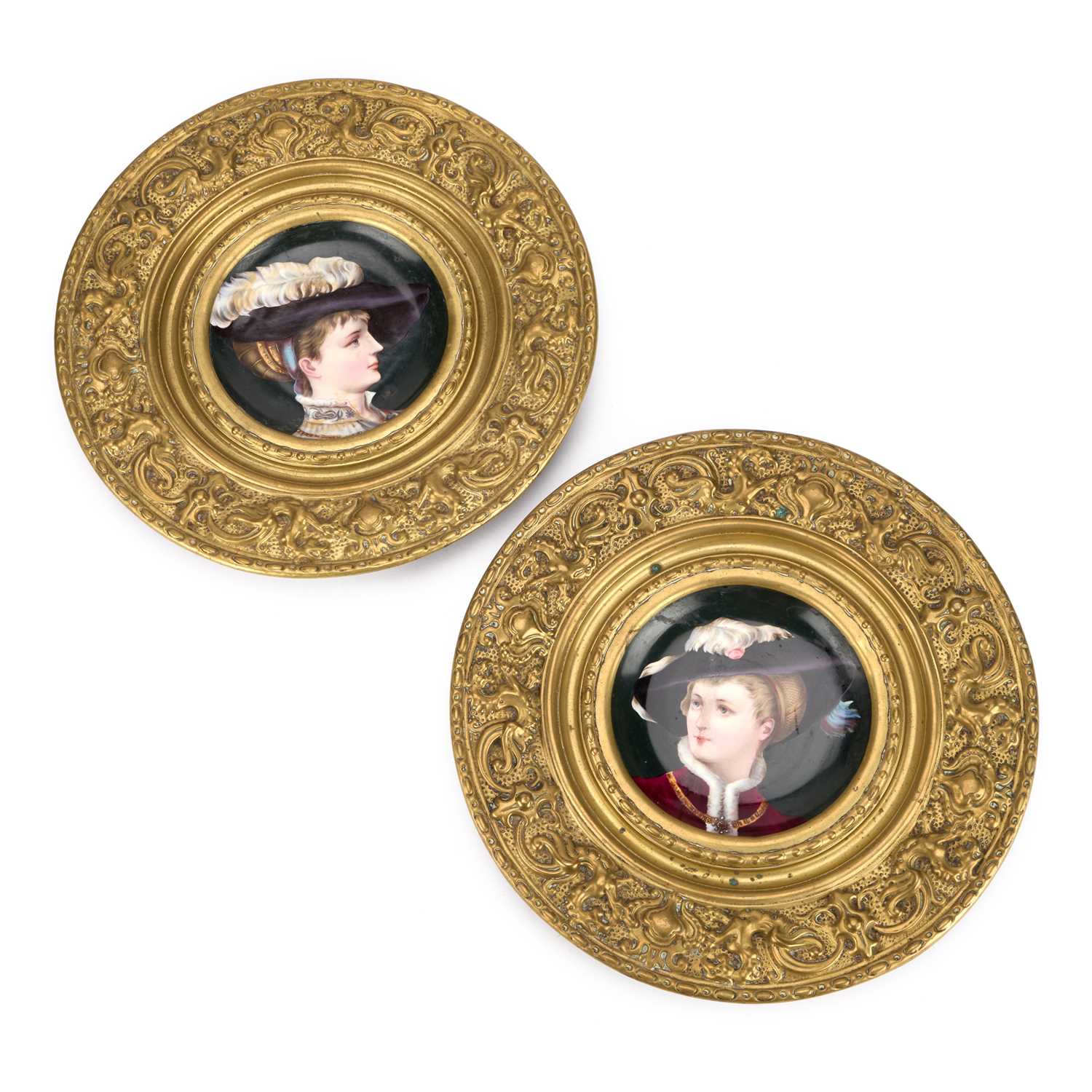 Lot A PAIR OF CONTINENTAL BRASS-FRAMED PORCELAIN PLAQUES