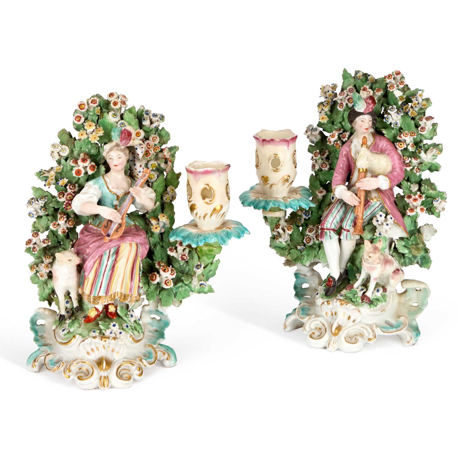Lot A PAIR OF 19TH CENTURY CHELSEA DERBY STYLE BOCAGE FIGURAL CANDLESTICKS