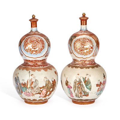 Lot 58 - A PAIR OF JAPANESE KUTANI PORCELAIN DOUBLE GOURD VASES AND COVERS