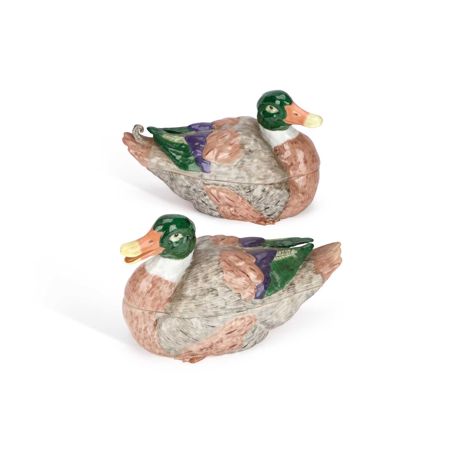 Lot A PAIR OF DRESDEN PORCELAIN DUCK BOXES AND COVERS