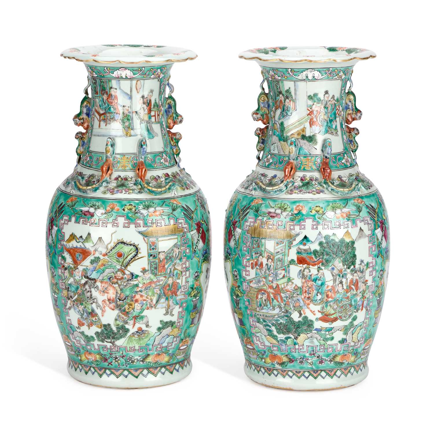 Lot A LARGE PAIR OF CHINESE TURQUOISE-GROUND FAMILLE ROSE ENAMELLED VASES