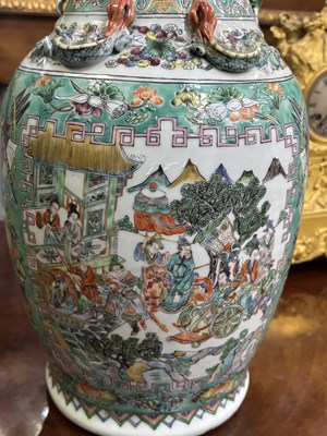 Lot 134 - A LARGE PAIR OF CHINESE TURQUOISE-GROUND FAMILLE ROSE ENAMELLED VASES