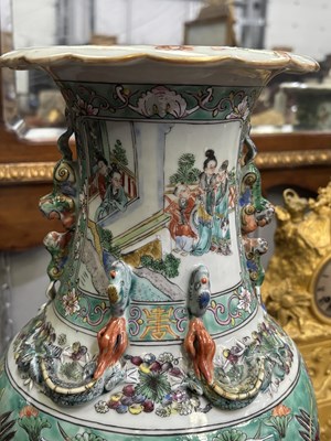 Lot 134 - A LARGE PAIR OF CHINESE TURQUOISE-GROUND FAMILLE ROSE ENAMELLED VASES