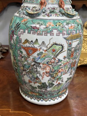Lot 134 - A LARGE PAIR OF CHINESE TURQUOISE-GROUND FAMILLE ROSE ENAMELLED VASES