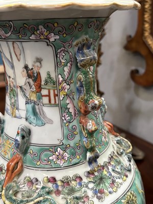 Lot 134 - A LARGE PAIR OF CHINESE TURQUOISE-GROUND FAMILLE ROSE ENAMELLED VASES