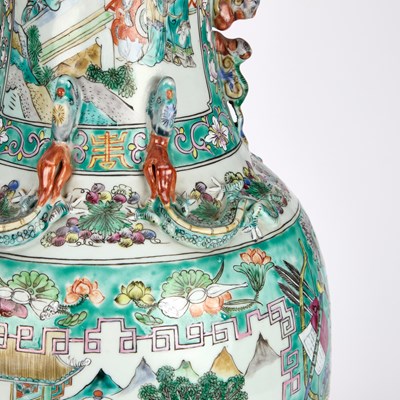 Lot A LARGE PAIR OF CHINESE TURQUOISE-GROUND FAMILLE ROSE ENAMELLED VASES