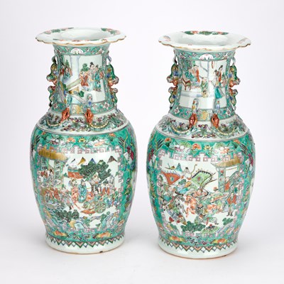 Lot A LARGE PAIR OF CHINESE TURQUOISE-GROUND FAMILLE ROSE ENAMELLED VASES