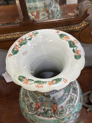 Lot 134 - A LARGE PAIR OF CHINESE TURQUOISE-GROUND FAMILLE ROSE ENAMELLED VASES