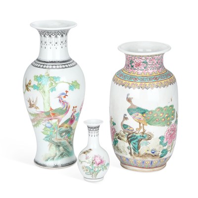 Lot 57 - THREE CHINESE FAMILLE ROSE PORCELAIN VASES