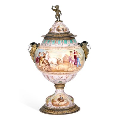 Lot 513 - A LARGE LATE 19TH CENTURY VIENNESE ENAMEL VASE AND COVER