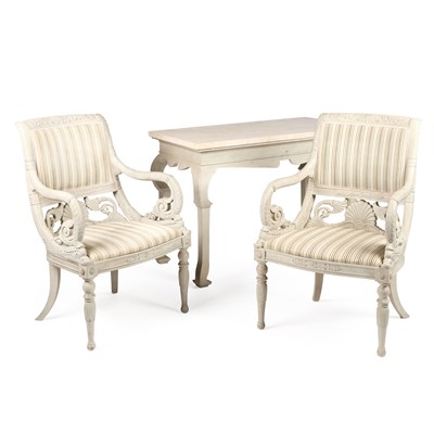 Lot 710 - A CONTEMPORARY MARBLE-TOPPED AND PAINTED CONSOLE TABLE