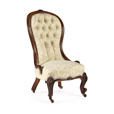 Lot 643 - A VICTORIAN WALNUT AND UPHOLSTERED NURSING CHAIR