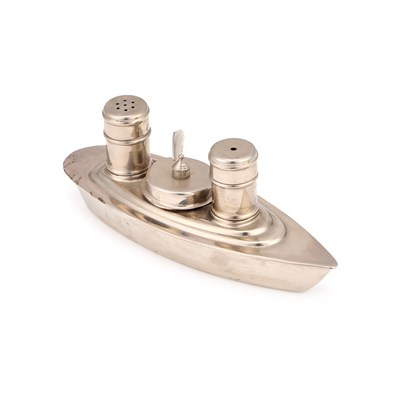 Lot 116 - A VINTAGE SILVER-PLATED 'BOAT' CONDIMENT SET