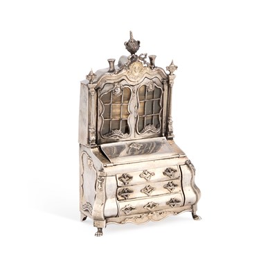 Lot 155 - A DUTCH SILVER MINIATURE BUREAU BOOKCASE
