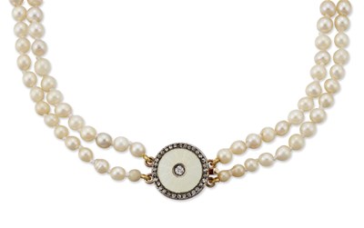 Lot 1730 - A CULTURED PEARL NECKLACE WITH AN ENAMEL AND DIAMOND CLASP