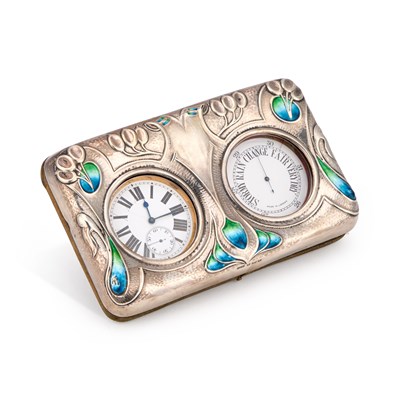 Lot 210 - AN ART NOUVEAU SILVER AND ENAMEL CLOCK AND BAROMETER HOLDER