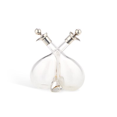 Lot 430 - AN EDWARDIAN SILVER-MOUNTED OIL AND VINEGAR CONJOINED BOTTLES