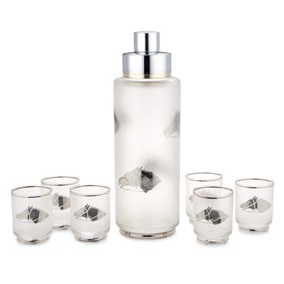 Lot 72 - A CONTINENTAL SILVER-PLATE MOUNTED FROSTED GLASS COCKTAIL SHAKER AND SIX DRINKING GLASSES