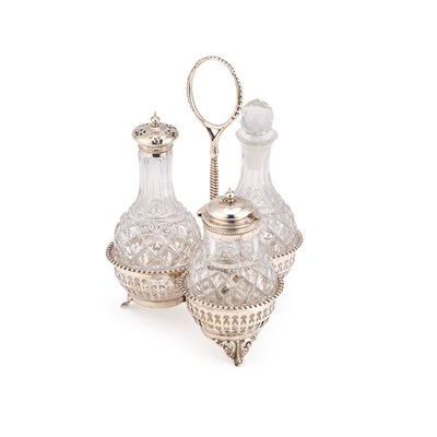 Lot 326 - A VICTORIAN SILVER AND GLASS THREE-BOTTLE CRUET SET