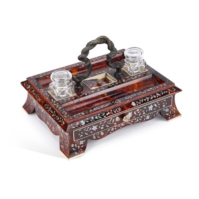 Lot 697 - A REGENCY MOTHER-OF-PEARL INLAID TORTOISESHELL INKSTAND