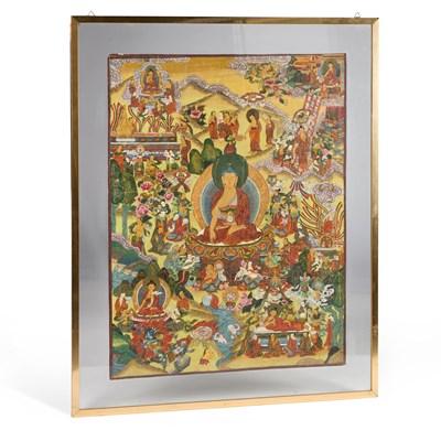 Lot 66 - A TIBETAN THANGKA DEPICTING THE LIFE STORY OF BUDDHA SHAKYAMUNI