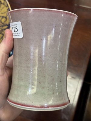 Lot 142 - A CHINESE FLAMBE-GLAZED PORCELAIN BRUSH POT