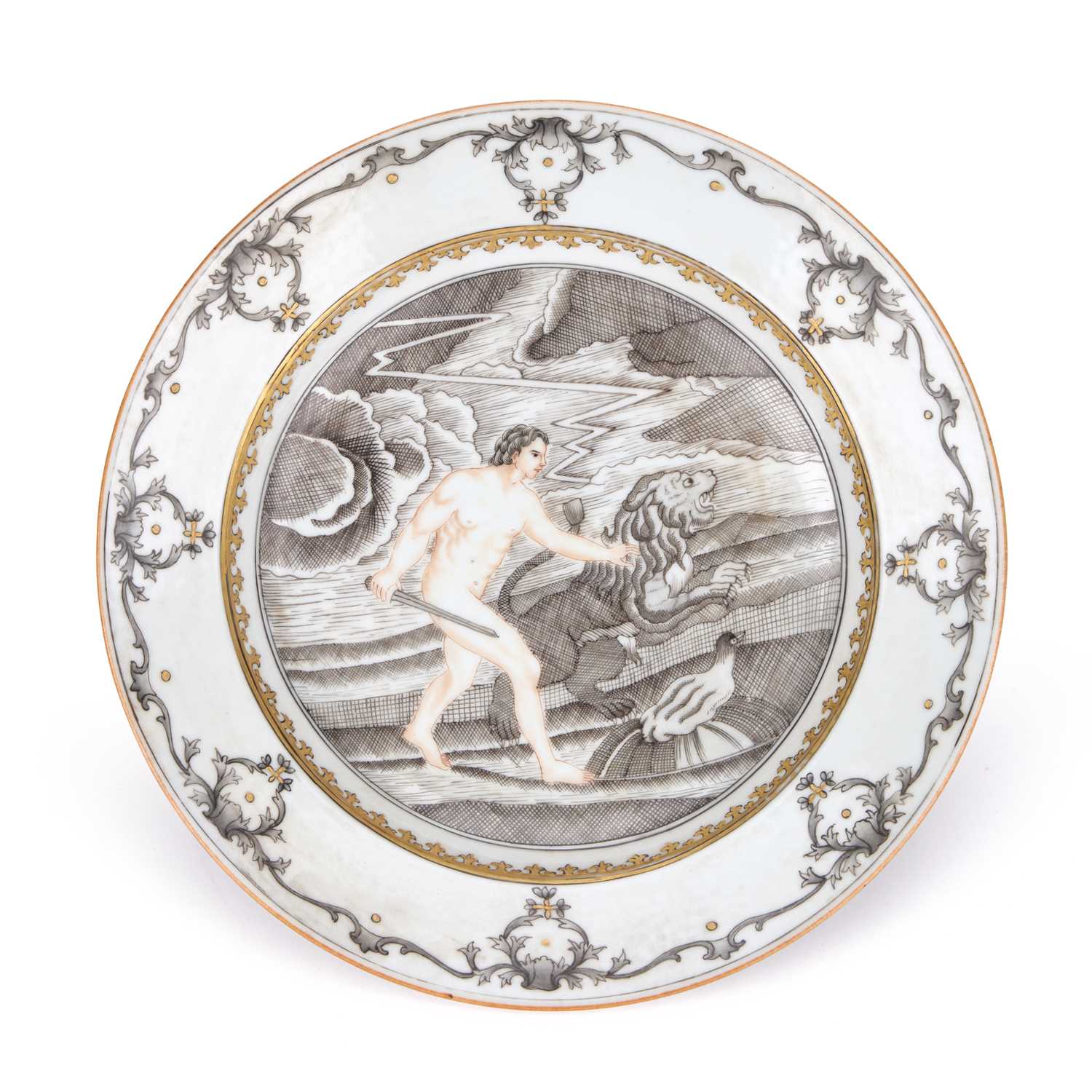 Lot A CHINESE GRISAILLE AND GILT-DECORATED PORCELAIN PLATE