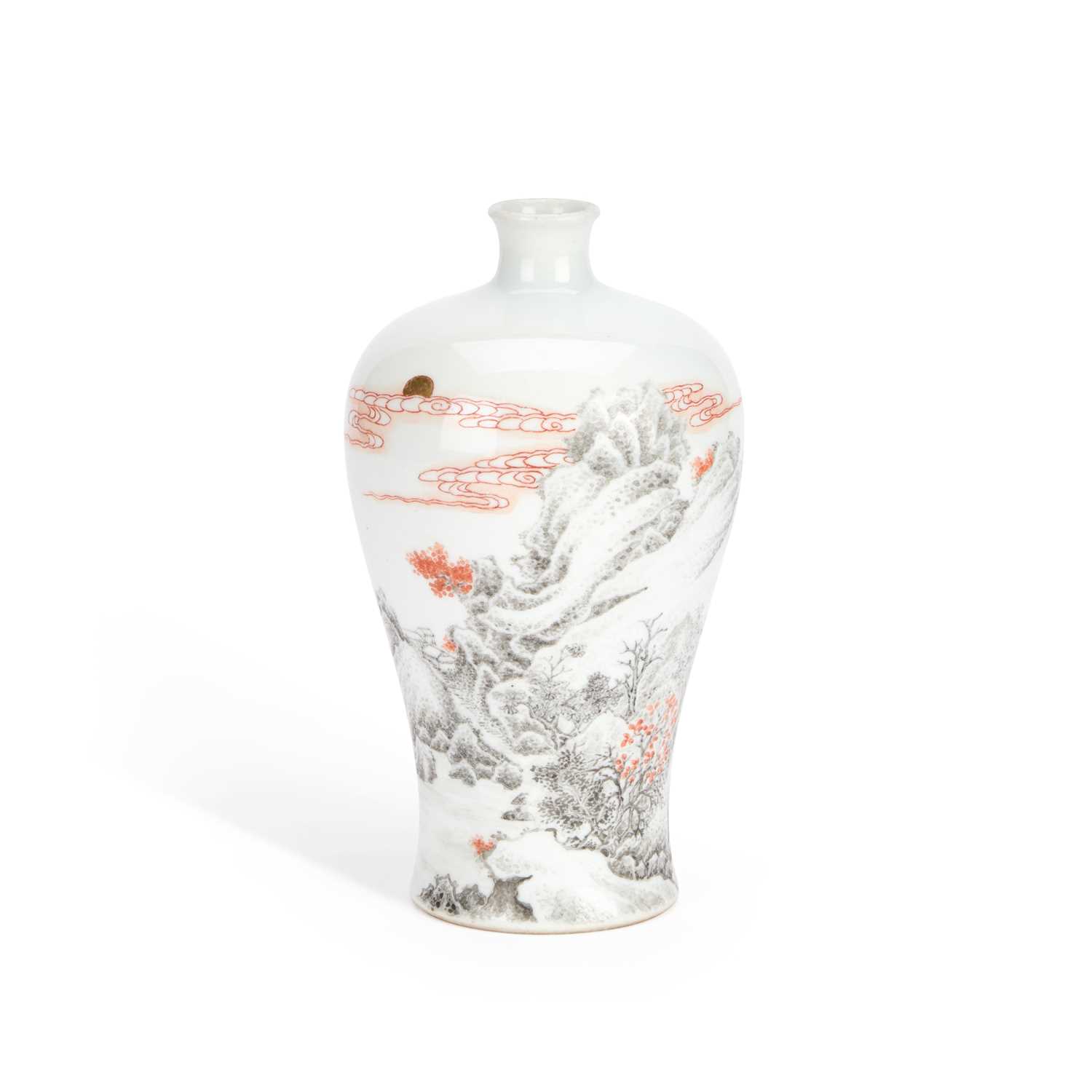 Lot 125 - A CHINESE IRON-RED AND GRISAILLE-DECORATED 'LANDSCAPE' MEIPING VASE