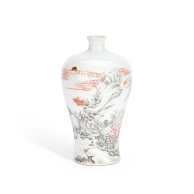 Lot 35 - A CHINESE IRON-RED AND GRISAILLE-DECORATED 'LANDSCAPE' MEIPING VASE