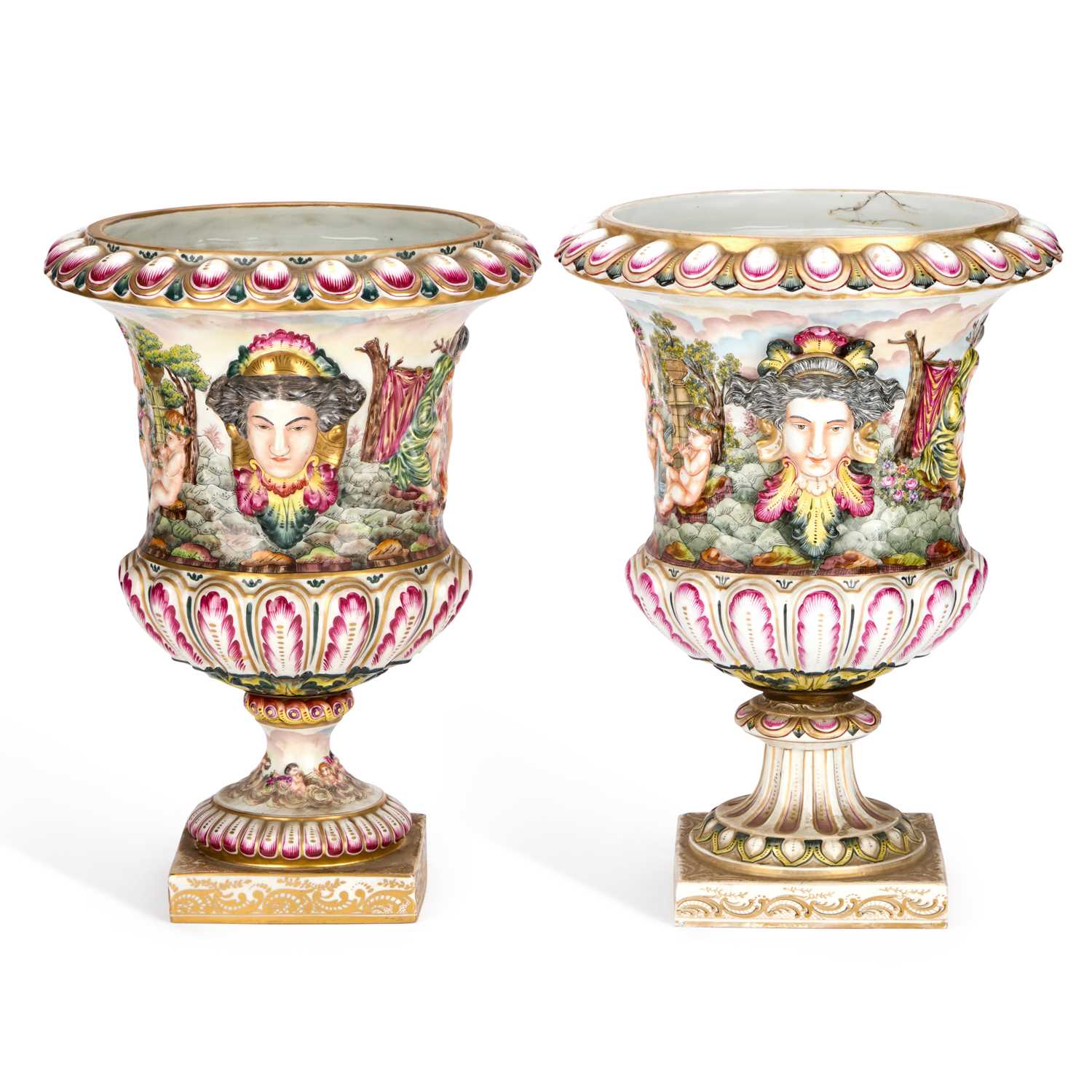 Lot TWO LARGE CAPODIMONTE PORCELAIN URNS