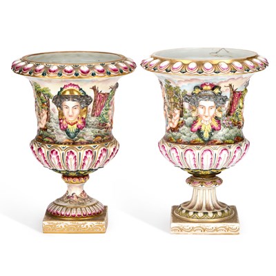 Lot 97 - TWO LARGE CAPODIMONTE PORCELAIN URNS